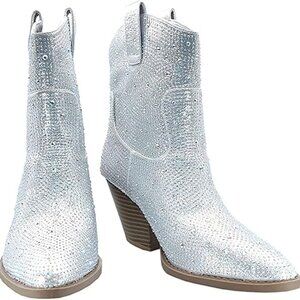 Women's Rhinestone Block Heel Mid Calf Short Boots